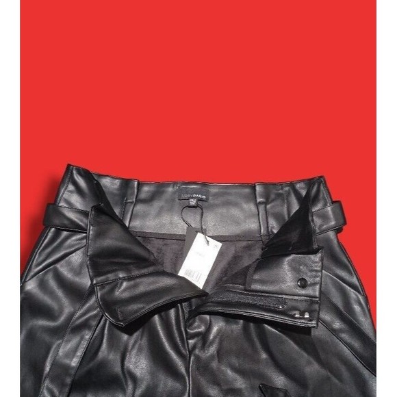 Lucy Paris Belted Paper Bag Waist Black Faux Leather High Rise Womens Sz L Pant - Picture 9 of 16